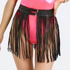 NWOT Black Fringe Double Buckle Western Rodeo Skirt Belt